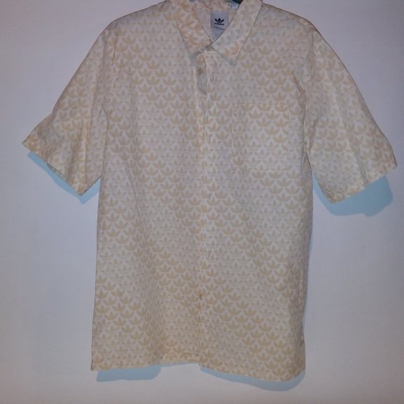 Adidas Button Up Shirt Mens XL Cream Beige Trefoil Allover Print Logo Short Slee - Picture 2 of 9